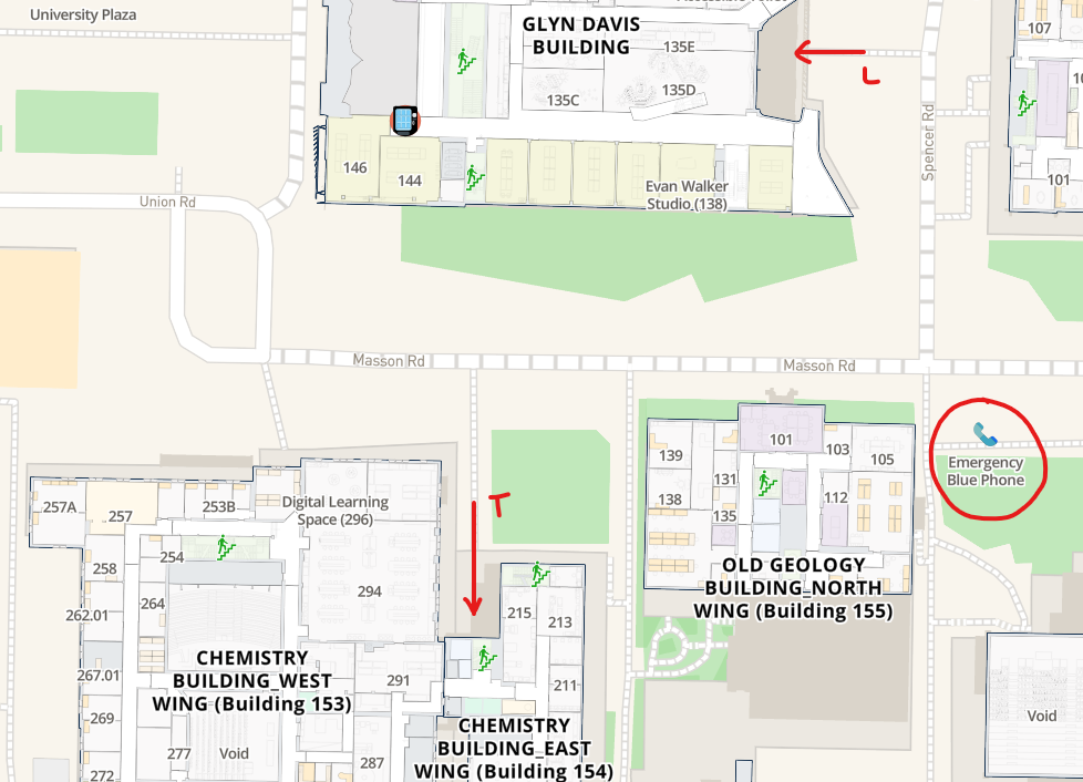 mazemap of masson road showing entry into chemistry east wing and entry into glynn davis